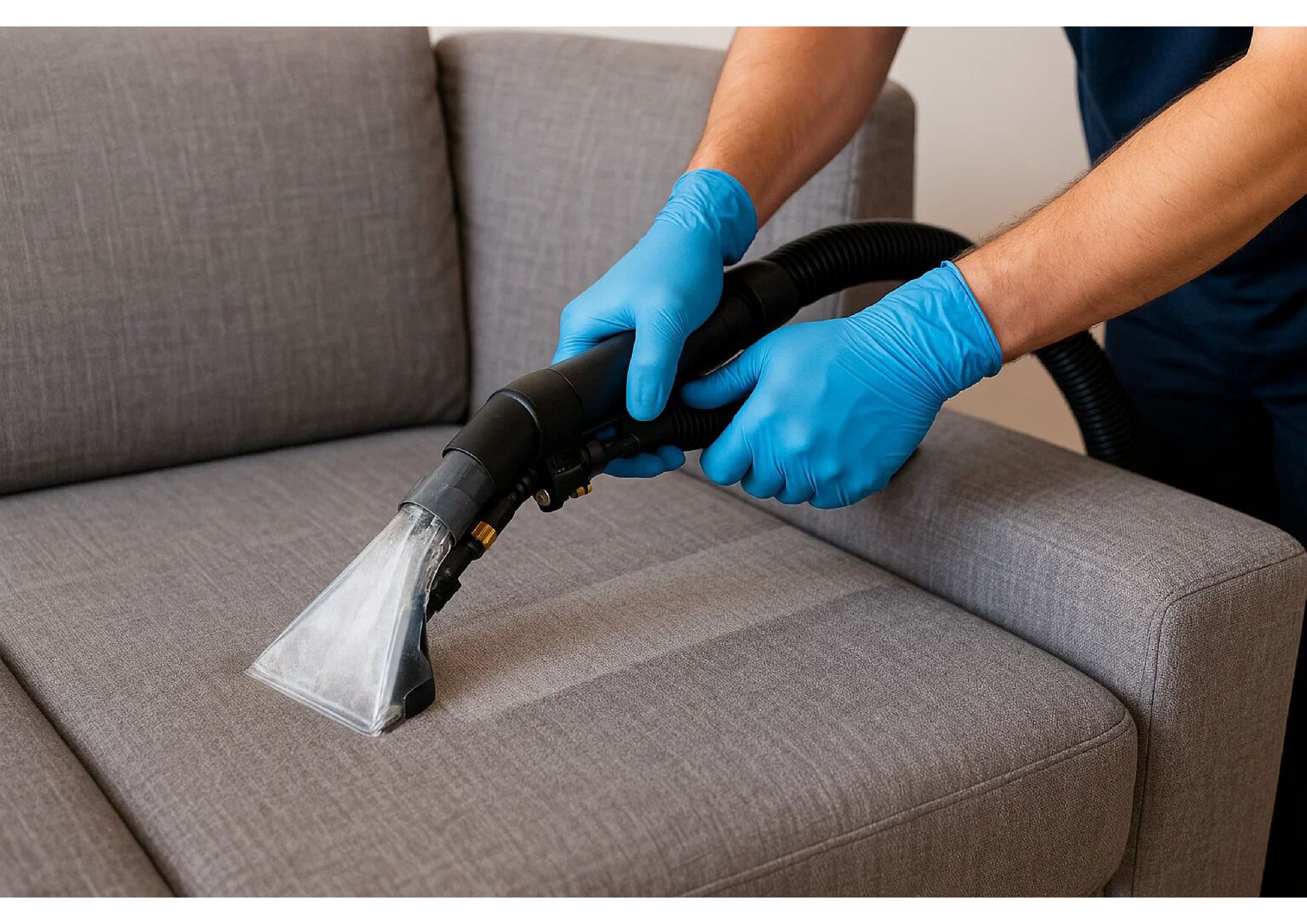 Profi-Gerät reinigt graues Stoffsofa